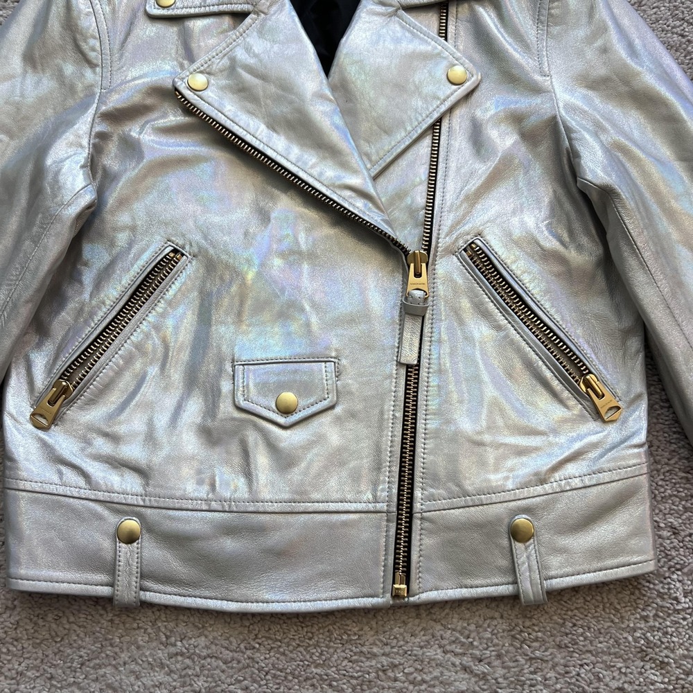 Mackage Moto Biker Jacket Silver Metallic Lambskin Leather Womens Small Zip - Picture 2 of 16